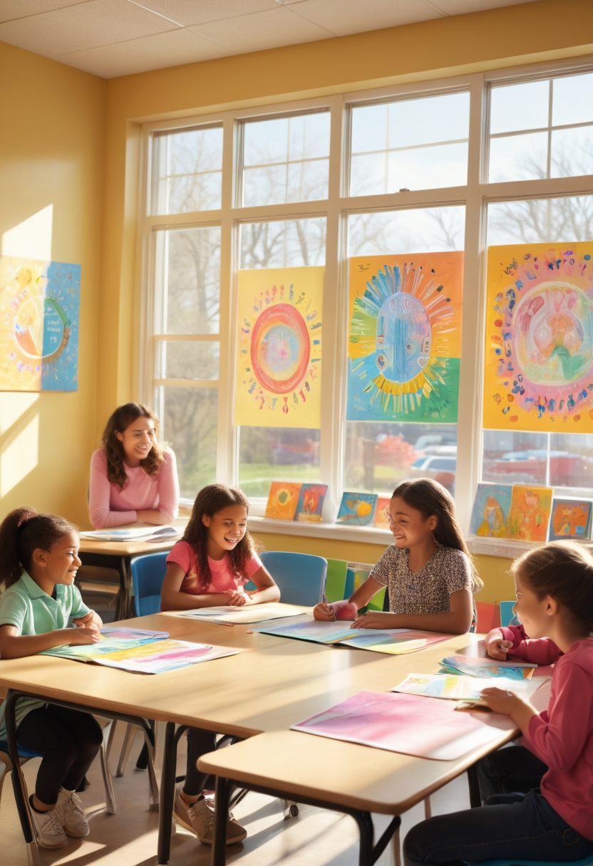 A warm, inviting classroom scene filled with diverse children engaged in collaborative learning activities, surrounded by colorful art and educational posters. A nurturing teacher encourages students with a loving smile, radiating a sense of affection and support. Sunlight streams through large windows, creating a bright and cheerful atmosphere that symbolizes success and growth. pastel colors. super-realistic.