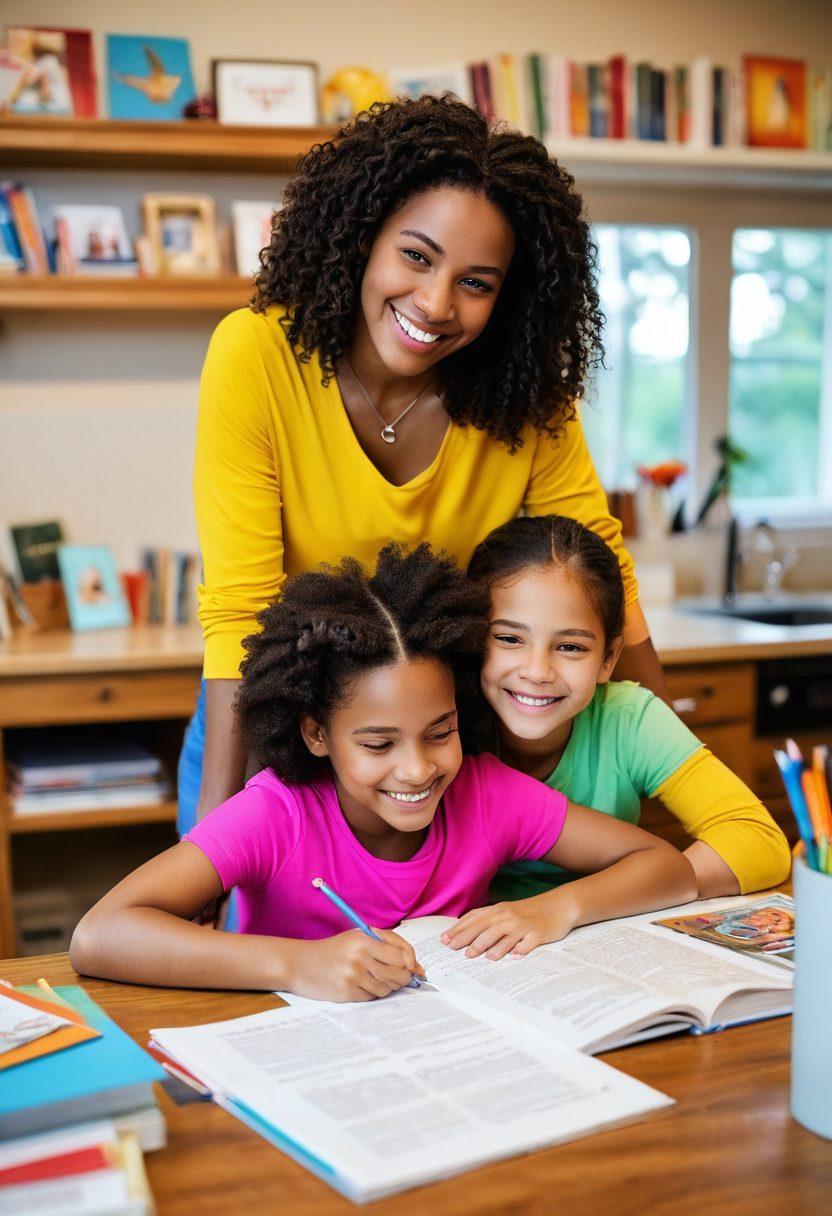 A warm and inviting scene of a parent helping a child with homework at a brightly lit kitchen table, surrounded by books, art supplies, and a supportive atmosphere. The background features family photos and academic achievements on the walls, symbolizing the strength of parent support. The child looks engaged and happy, while the parent offers encouragement with a smile. Bright, vibrant colors convey positivity and warmth. super-realistic. vibrant colors. cozy setting.