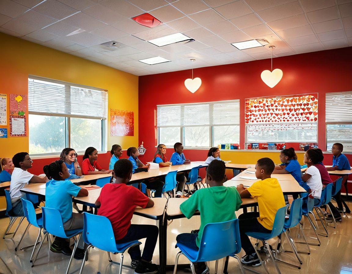 A diverse group of enthusiastic teachers and students engaging in a lively classroom setting, showcasing warm interactions and heartfelt expressions. The room is filled with colorful educational materials, heart symbols, and a glowing atmosphere that represents affection. Include elements like collaboration and joy in learning activities, emphasizing connection and support. super-realistic. vibrant colors. uplifting ambiance.